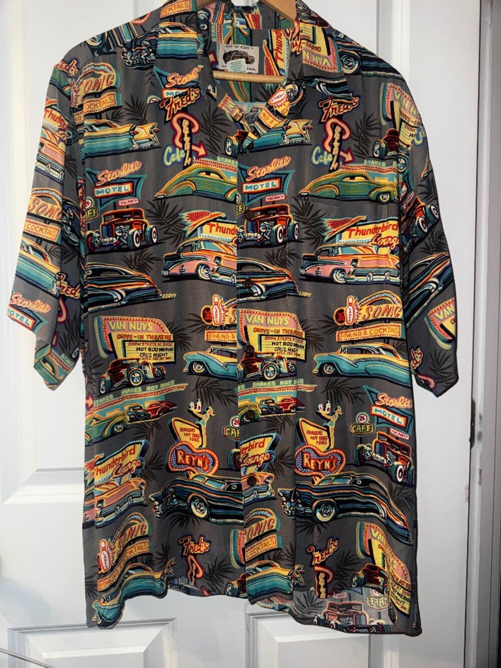 Reyn Spooner Art of Eddy Y Rayon Hawaiian Shirt L Van Nuys Hot Rod